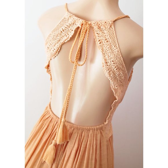 Yellow Crochet Lace Open Back Halter Maxi Dress - Picture 6 of 10